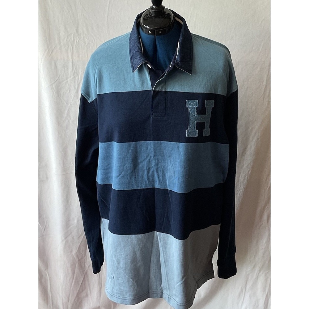 Tommy Hilfiger Mens XXL Rugby Shirt Long Sleeve Blue Gray Striped Classic Fit H